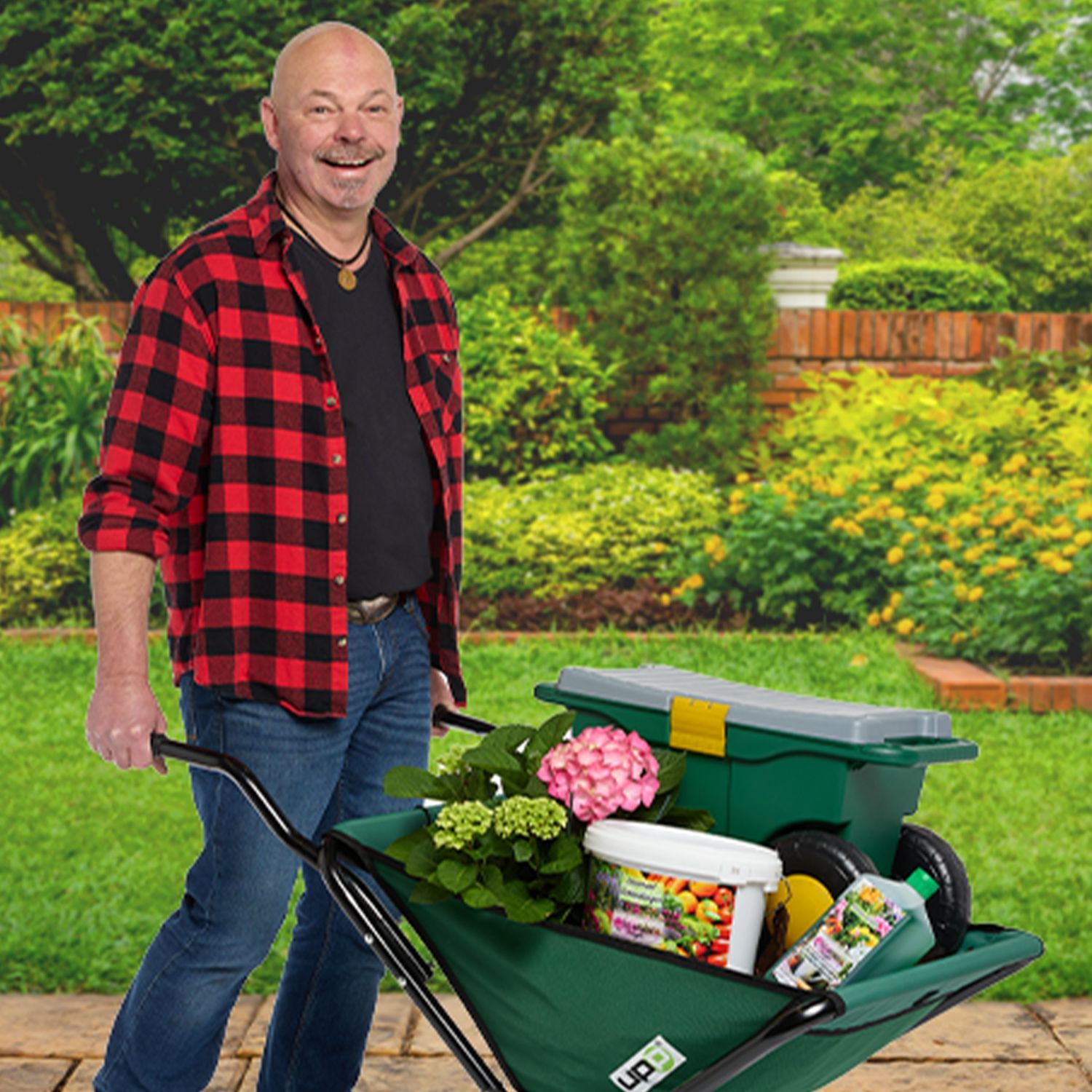 Meine Gartenwelt Gärtner pflegt den Garten mit Pflanzendünger und Gartengeräten