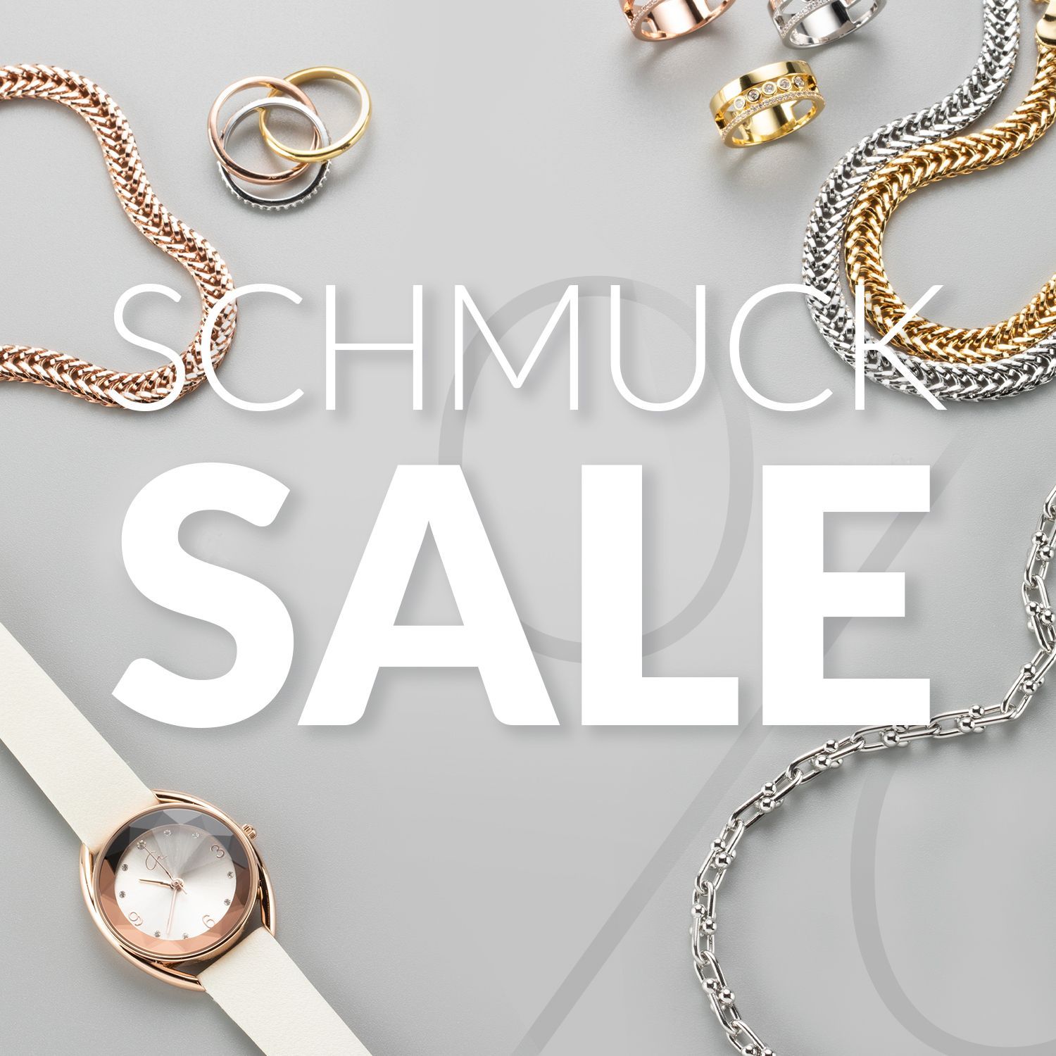 SCHMUCK SALE – jetzt Angebote entdecken! Schmuck Sale Schriftzug mit verschiedenen Halsketten und Ringen in Gold, Silber und Roségold