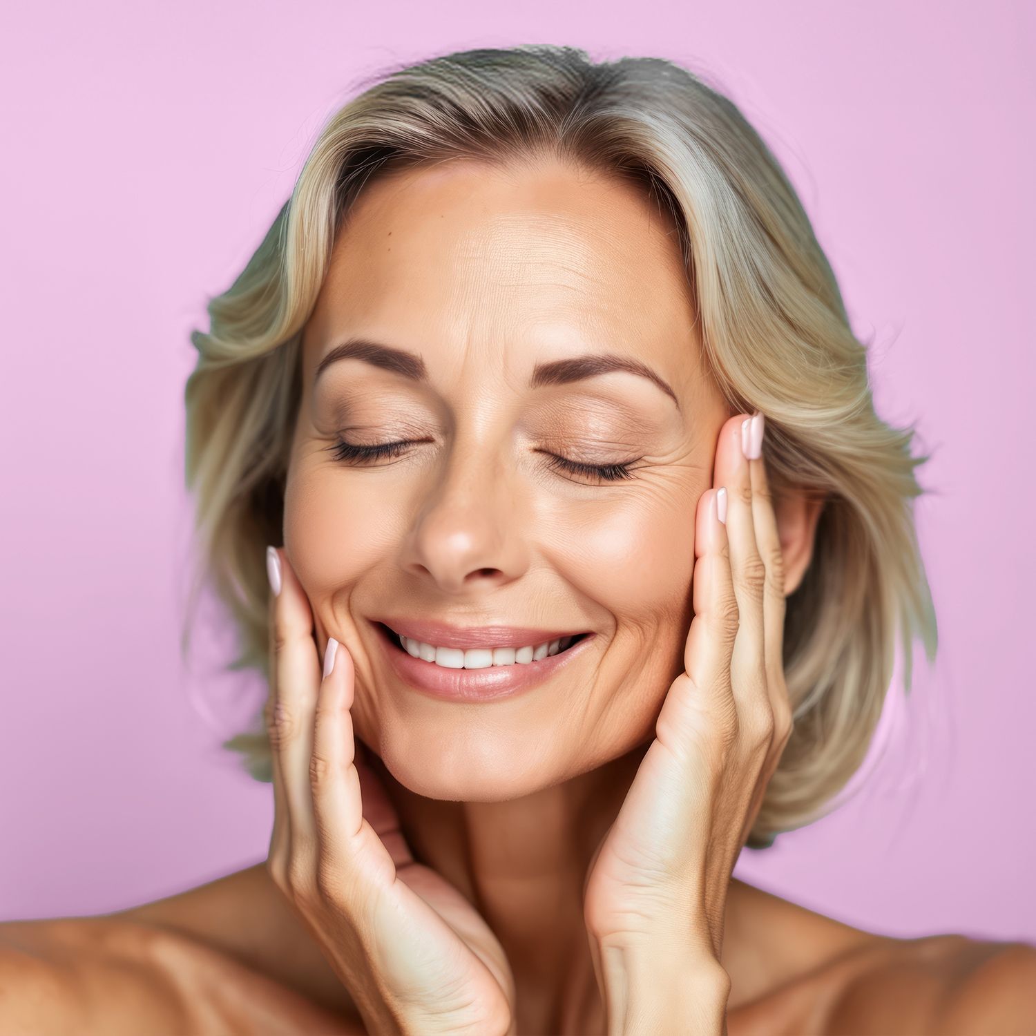 Pflegen Sie sich schön mit unseren Beauty-Highlights! Frau mit schulterlangem, blondem Haar vor rosa Hintergrund, die ihr Gesicht mit beiden Händen berührt.