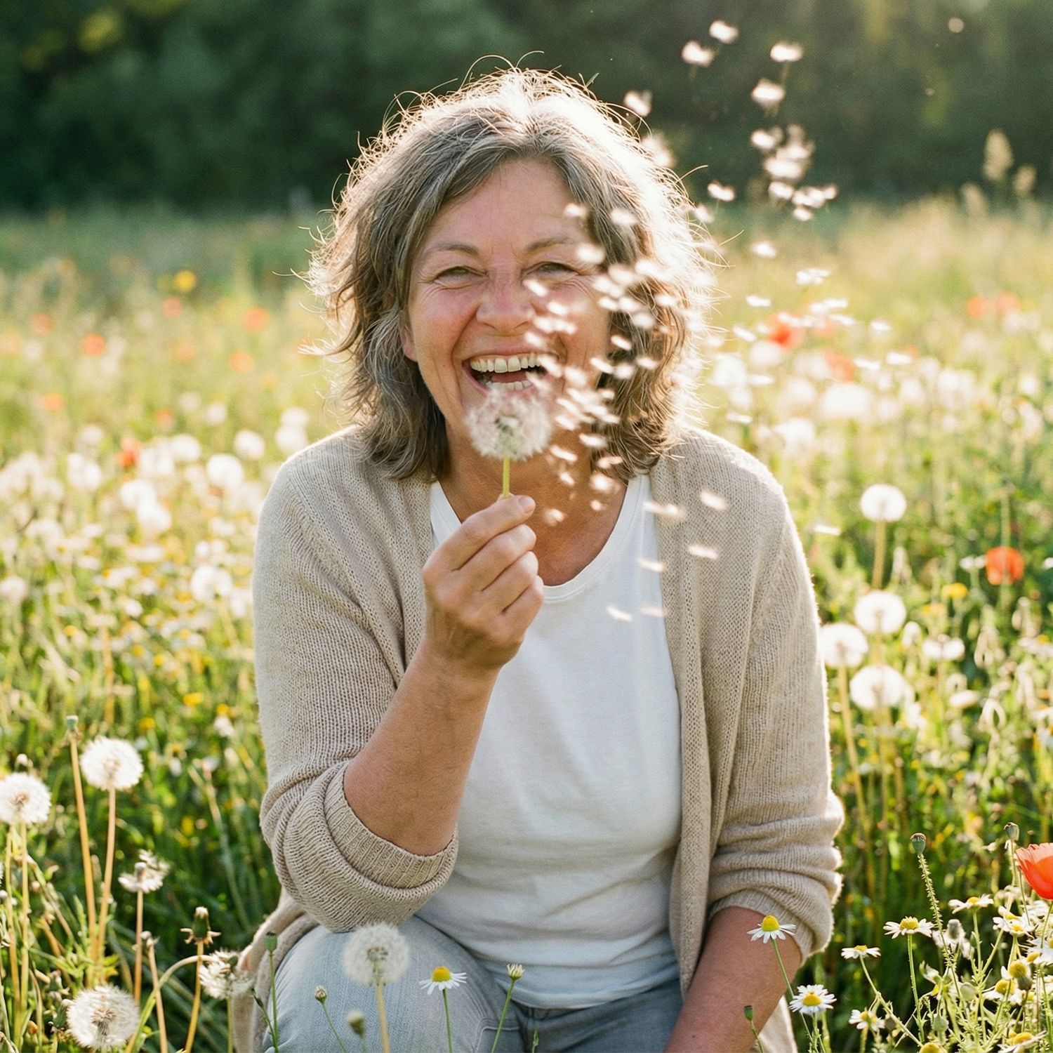 Pollenzeit Person mit lockigem Haar hält eine Pusteblume vor sich in einer Wiese mit Mohnblumen und Gras