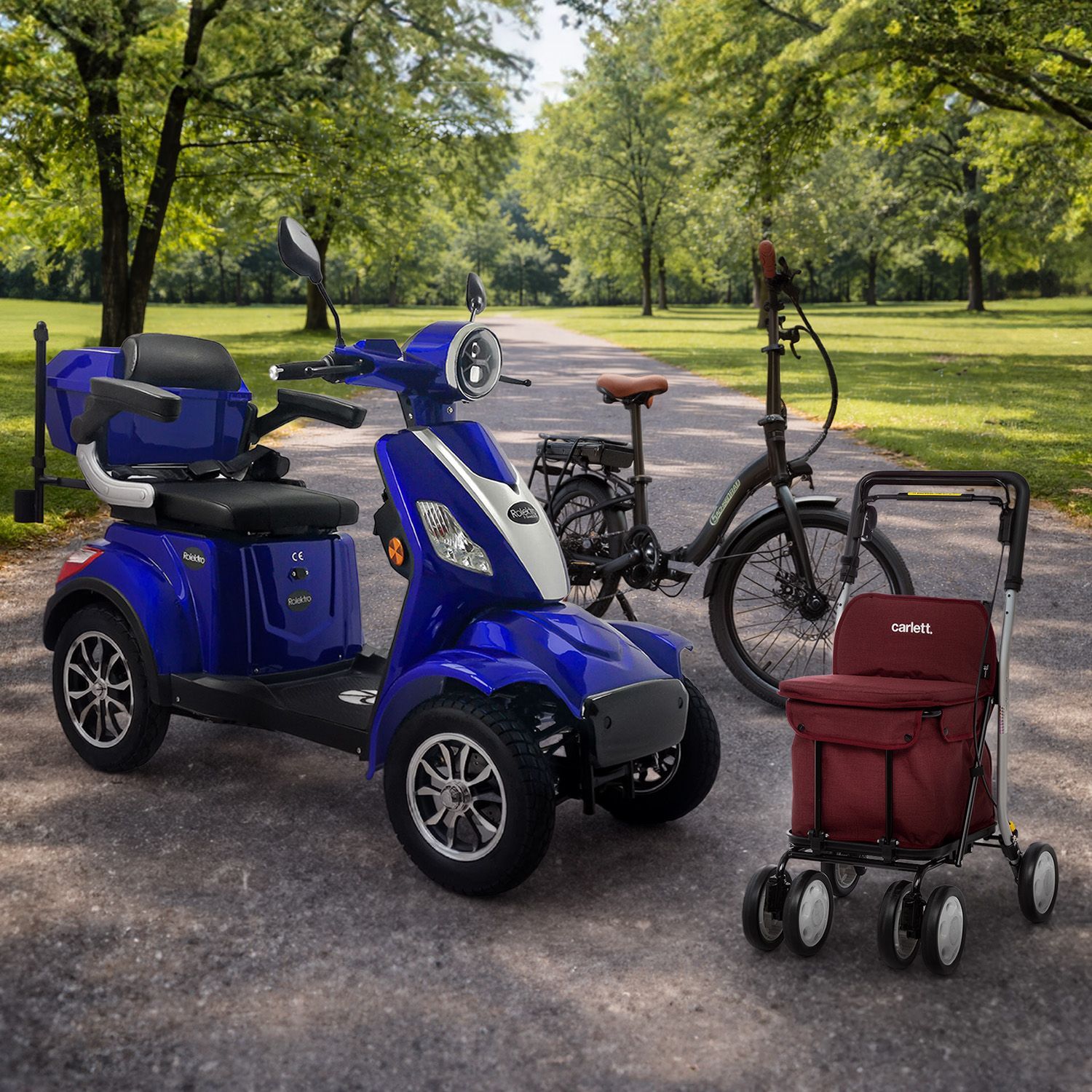 Mobilität neu erleben Blauer Elektrorollstuhl, schwarzes Fahrrad und roter Rollator nebeneinander auf einem Weg in einem Park