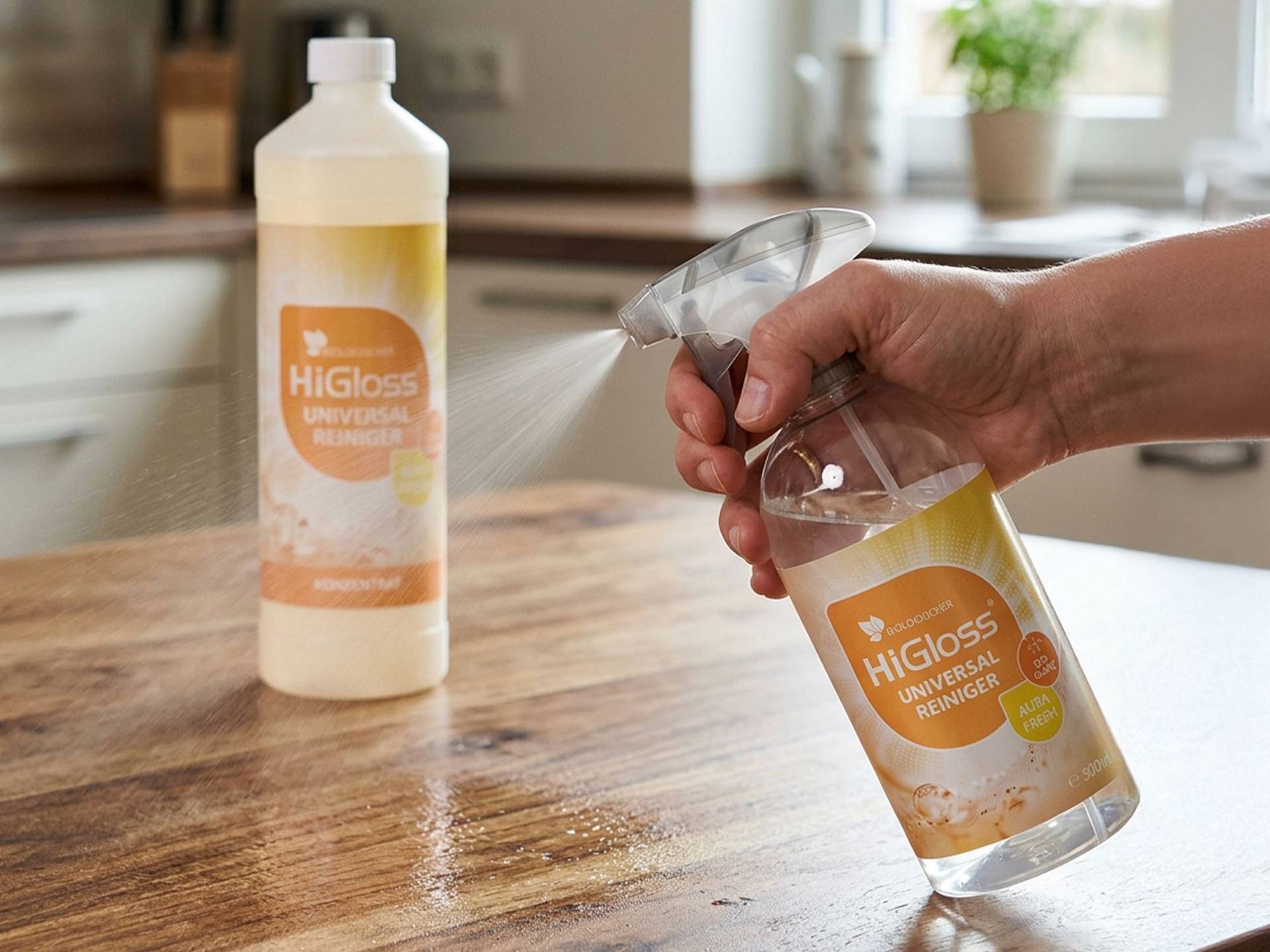 Biologischer Universalreiniger EcoGlanz Aura Fresh Hand hält eine Sprühflasche mit HiGloss Universal Reiniger auf einer Küchenarbeitsplatte mit einer weiteren Flasche im Hintergrund